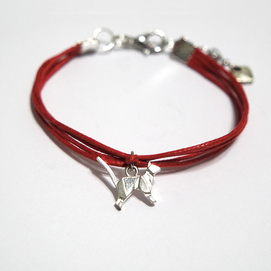 bransoletki na sznurku Bransoletka - Kotek origami - sznureczki, czerwona