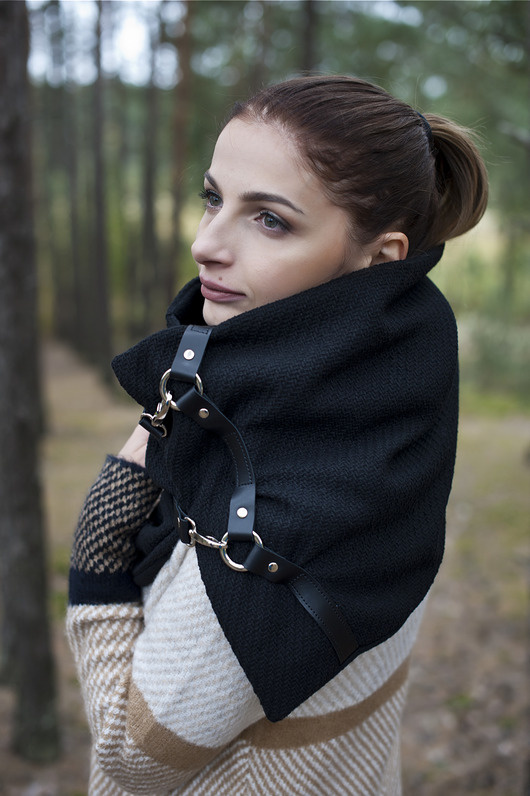 szale damskie Szal wełniany ze skórą, Unisex - Rockowy Czarny