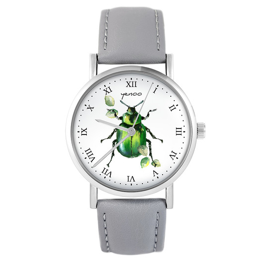 zegarki unisex Zegarek - Zielony żuczek - skóra, szary