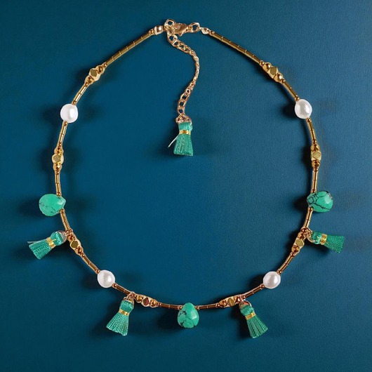 chokery Choker wakacyjny : morska zieleń: perły, hematyt, howlit, chwosty