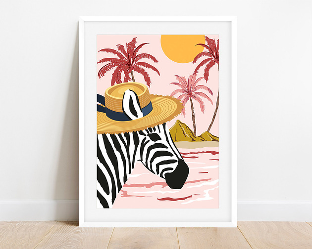 plakaty Plakat Zebra w kapeluszu na tropikach