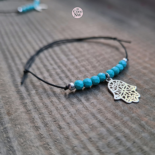 bransoletki na sznurku HAMSA - turkus i srebro 925, bransoletka na sznurku
