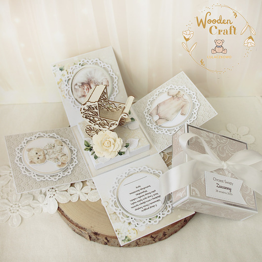 kartki, zaproszenia na chrzest Exploding box na chrzest, roczek, narodziny "OhBaby4" GOTOWY