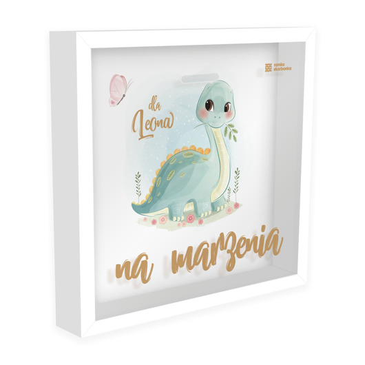 ramki na zdjęcia Ramka Skarbonka - Na marzenia - zielony dinozaur - z imieniem dziecka