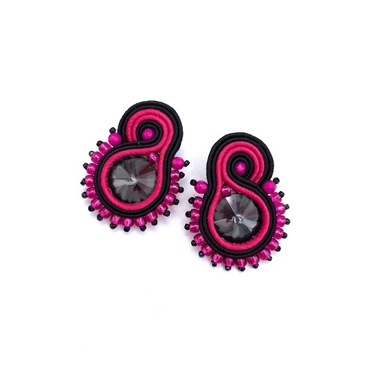 kolczyki soutache Ella kolczyki sztyfty sutasz fuksjowo czarne eleganckie z kryształkiem