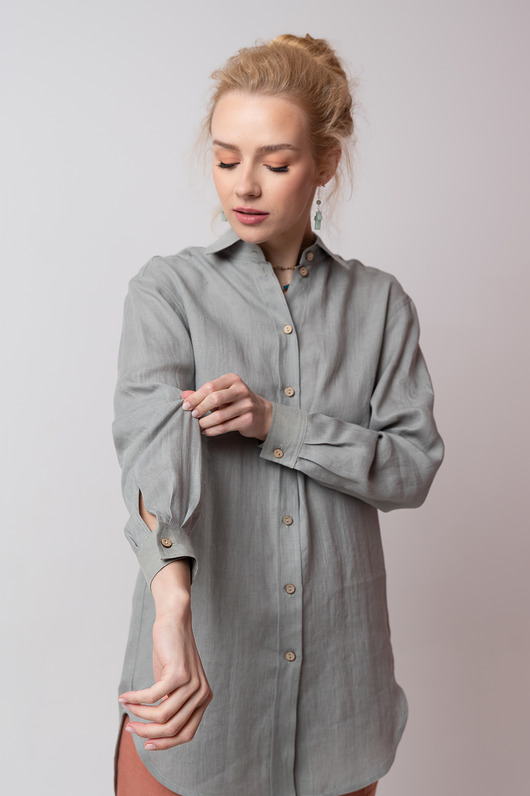 koszule damskie  Lniana koszula, DARK KHAKI