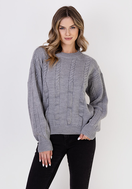 swetry damskie  Oryginalny sweter w warkoczowe wzory - SWE323  szary MKM