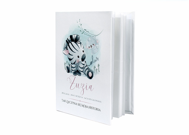kartki, zaproszenia na chrzest Album dla dziecka ZEBRA pamiątka chrztu na roczek dla dziewczynki