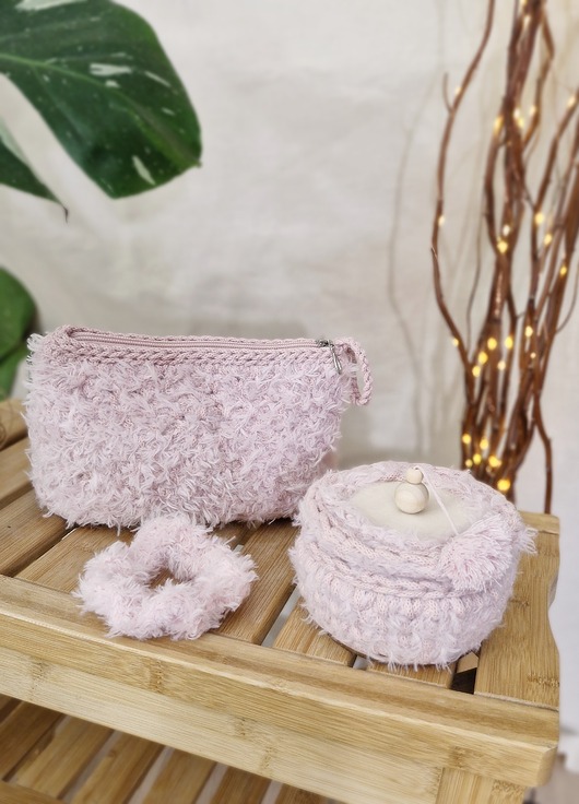 kosmetyczki Zestaw prezentowy pod choinkę - kosmetyczka, gumka i szkatułka - pudrowy