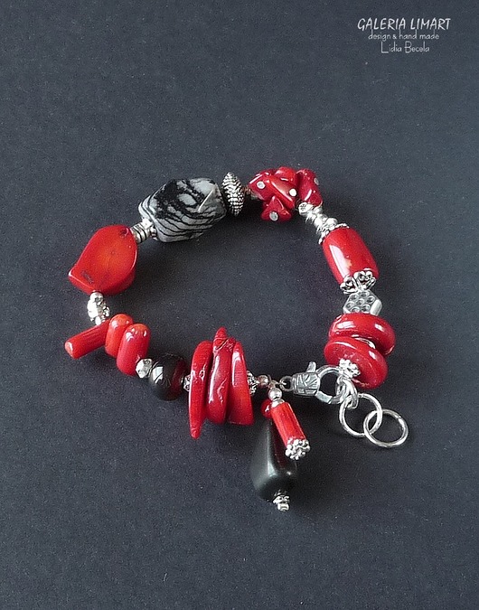 bransoletki z kamieni naturalnych Koral, agat i onyks efektowna bransoleta handmade PREZENT z  klasą