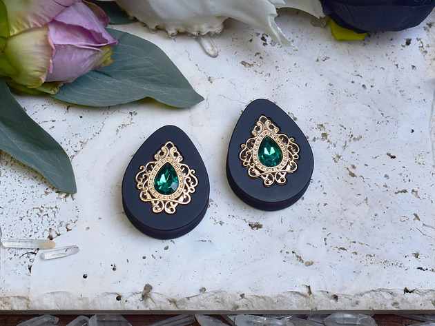 biżuteria różna Tunele do uszu 34-60mm / łezki z wiktoriańską ozdobą i kryształkiem