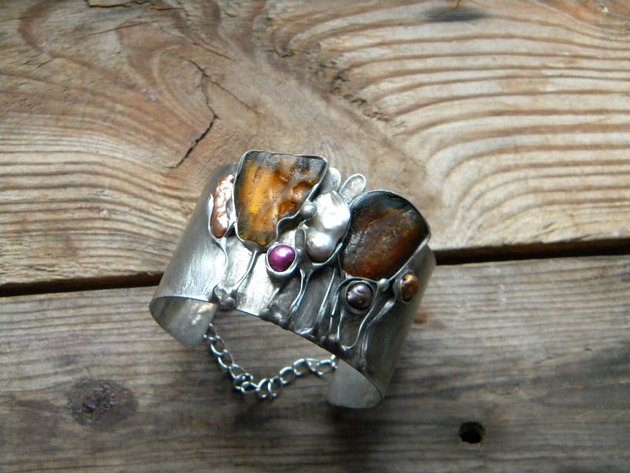bransoletki wire wrapping Bursztyn w zaroślach -  bransoleta mankiet CUFF