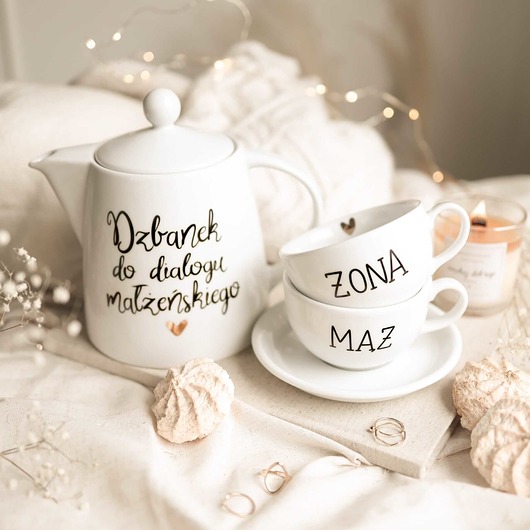 filiżanki Zestaw - Dzbanek 1L  do dialogu małżeńskiego + filiżanki 250 ml MĄŻ ŻONA
