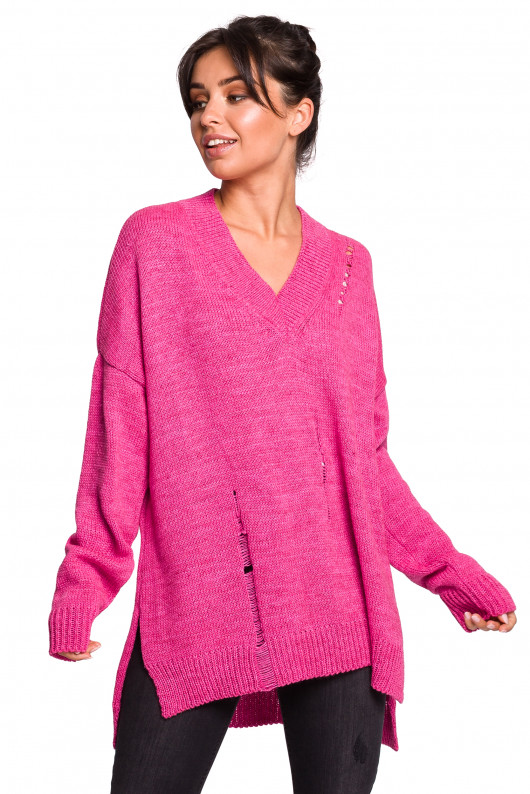 swetry damskie  Sweter z dziurami - różowy (BK-028)