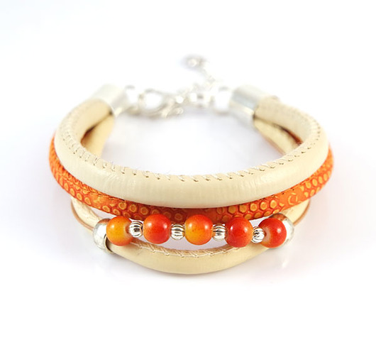 bransoletki skórzane Bransoletka - Kremowa, pomarańczowa