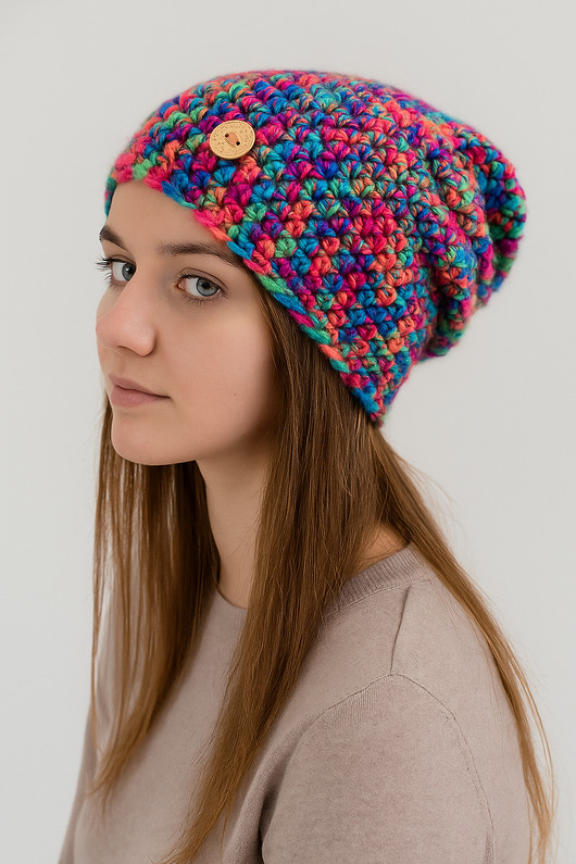 czapki damskie Czapka beanie smerf kolorowa szydełkowa NEONOWA