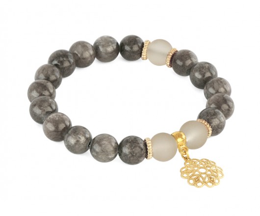 Gray jade & beige glass with flower pendant. Lavoga