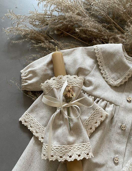 akcesoria na chrzest Naturalna Świeca do chrztu z profitką vintage piaskowy len