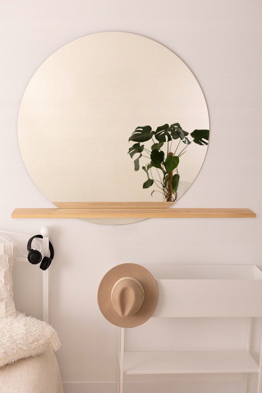 lustra stojące i wiszące LUSTRO OKRĄGŁE ŚCIENNE 60CM Z PÓŁKĄ DREWNIANĄ SALON POKÓJ ŁAZIENKA
