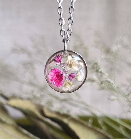 wisiory Wieczne kwiaty różowe srebrny wisiorek prawdziwe kwiaty naszyjnik