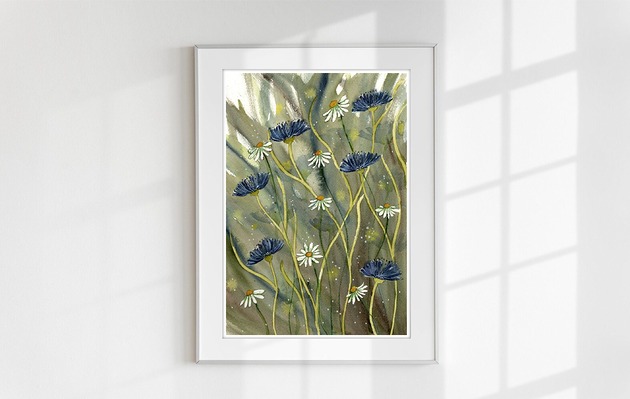 obrazy Oryginalna akwarela. Chabry i rumianki A4