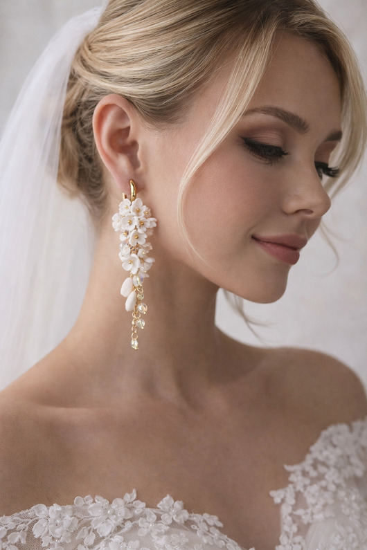 Biżuteria ślubna Kolczyki ślubne z białymi kwiatami i kryształkami