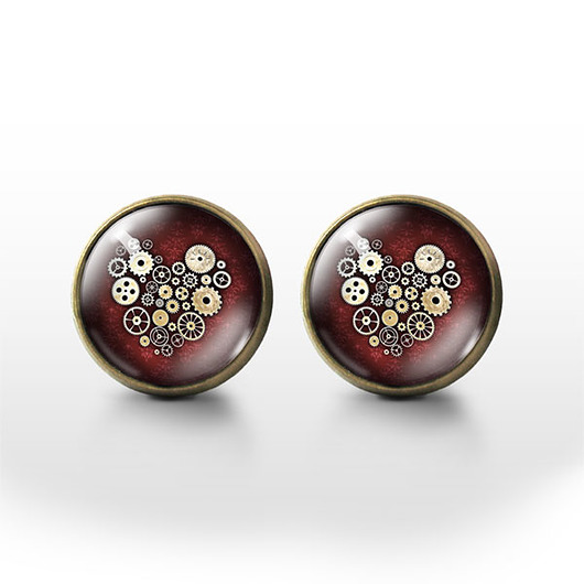 kolczyki szklane Kolczyki sztyfty - Steampunk Heart - brąz