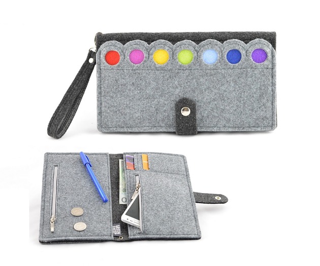 portfele damskie Kopertówka, duży portfel, saszetka filcowa w kolorowe kropki