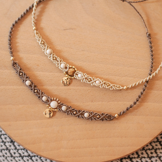 chokery Beżowy pleciony naszyjnik choker. Naszyjnik Makrama. Kamienie naturalne.
