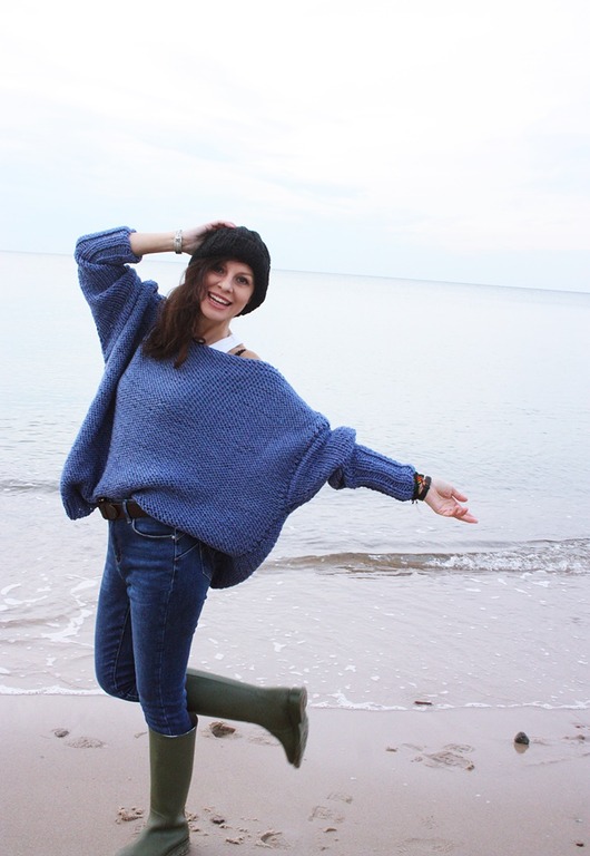 swetry damskie  Sweter handmade oversize  blue z wełną