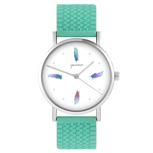zegarki damskie Zegarek - Turkusowe piórka - silikonowy, turkus