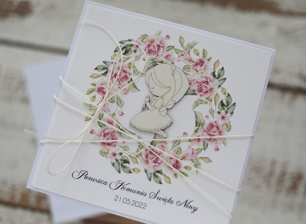 zaproszenia na komunię Białe eleganckie zaproszenia komunijne ręcznie robione z personalizacją