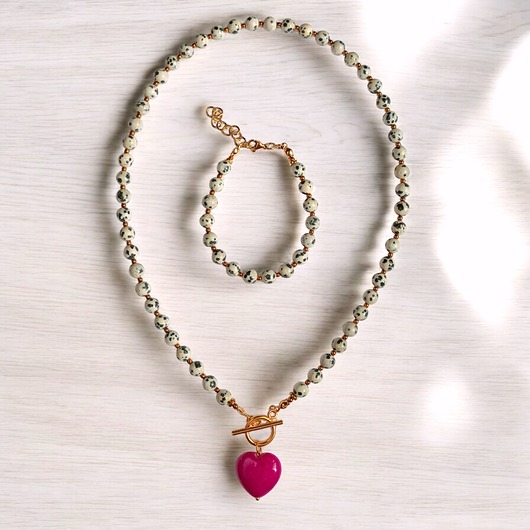 komplet biżuterii RAZEM TANIEJ : jaspis dalmatyński i serce : fuksja : komplet