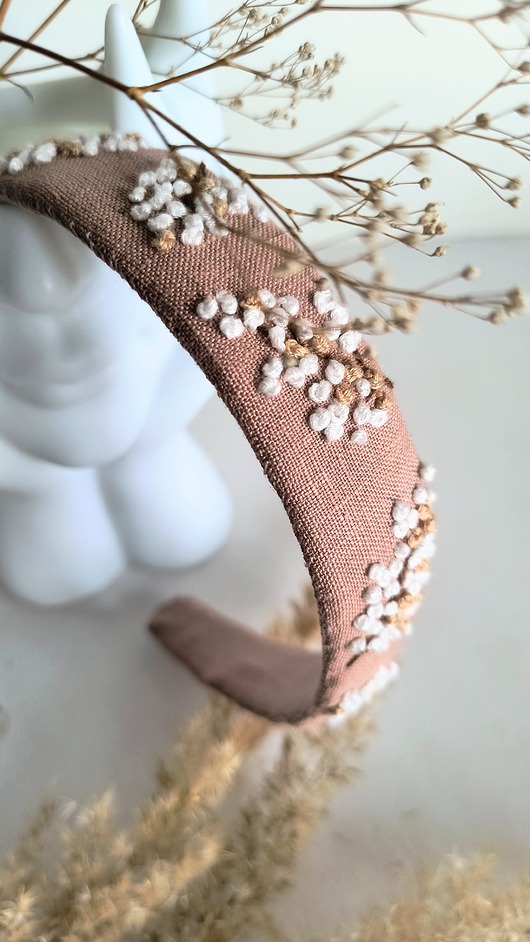 opaski do włosów Opaska Lniana haftowana Łososiowa