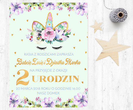 Zaproszenie Urodziny Jednorożec w kwiatach Retro Feelings