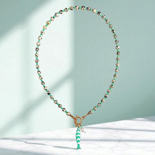 chokery Naszyjnik z rybką : jaspis dalmatyński, masa perłowa, perła