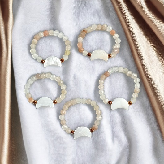 pierścionki elastyczne Pierścionek : lunula : kamień słoneczny, muszla naturalna