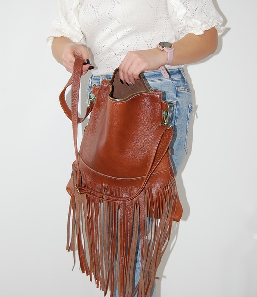 torby na ramię Torebka damska na ramię z frędzlami ze skóry naturalnej