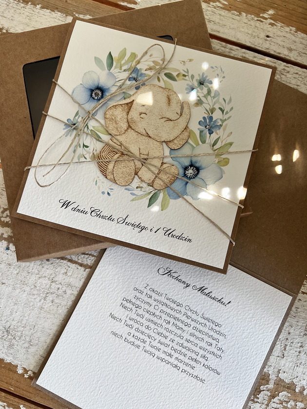 kartki, zaproszenia na chrzest Wyjątkowa ręcznie robiona kartka w pudełku na chrzest i roczek jednocześnie