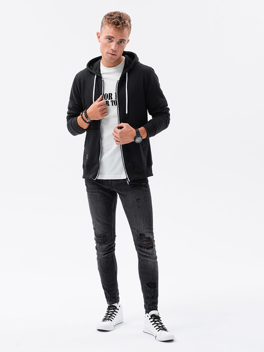 bluzy męskie Bluza męska rozpinana z kapturem BASIC - czarna V1 B977