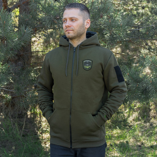 bluzy męskie Bluza męska z kapturem rozpinana ZAMGLONY LAS khaki -