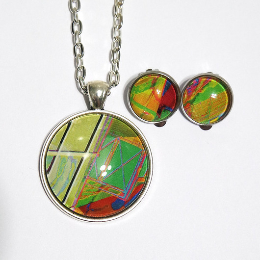 klipsy Naszyjnik i klipsy - komplet - Zielona abstrakcja