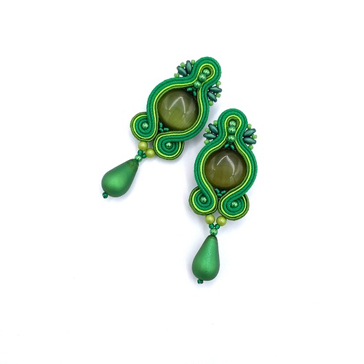 kolczyki soutache Elf kolczyki sutasz zielone wiosenne z kocim okiem i łezką