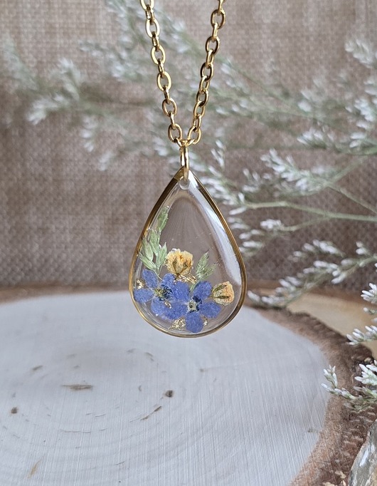 wisiory Złoty wisiorek prawdziwe kwiaty zawieszka łezka łza niezapominajki