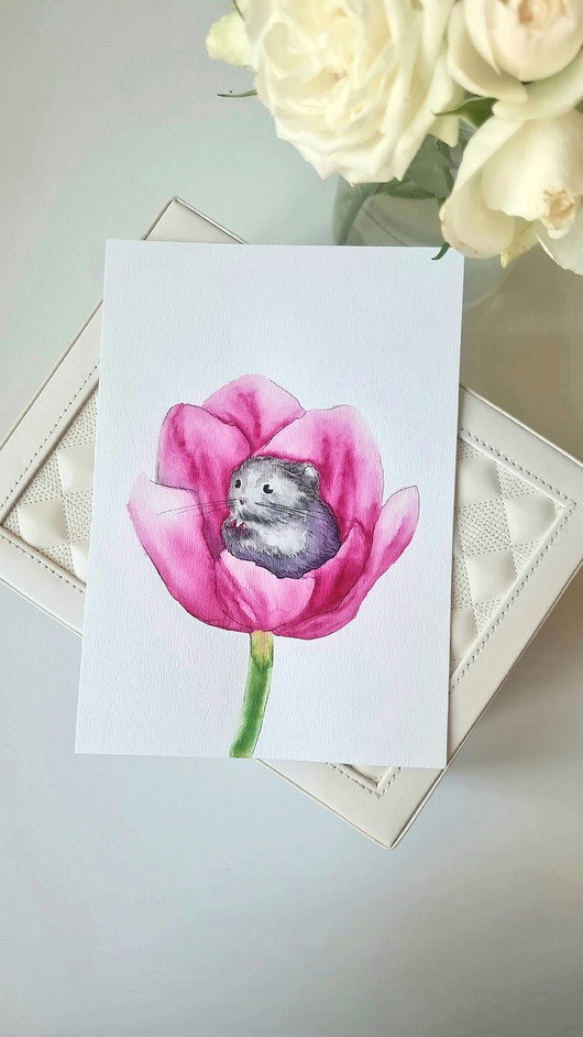 obrazy Obrazek Chomiczek w Tulipanie ręcznie malowany