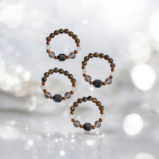 pierścionki elastyczne OCHRONA : pierścionek II - turmalin, obsydian, kwarc dymny, kryształ górski