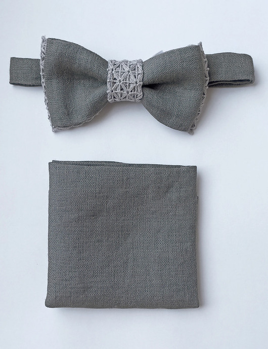 muszki i krawaty Muszka męska  lniana szara z koronką