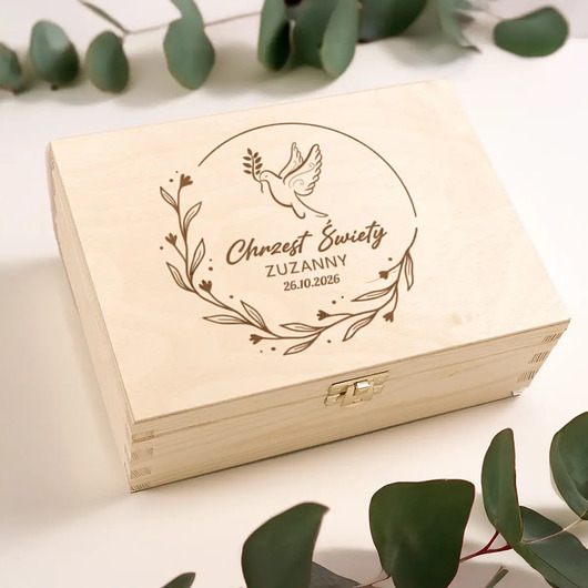 Chrzest - inne Personalizowane pudełko na Chrzest Święty z gotowym wypełnieniem grawer
