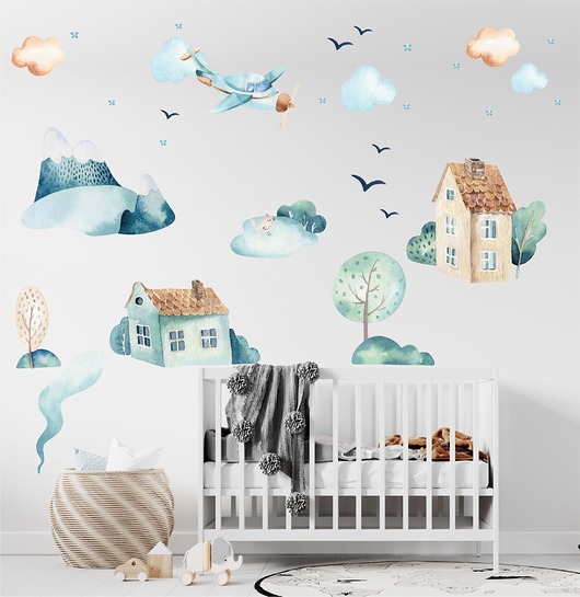 naklejki ścienne do pokoju dziecka Samolot i miasteczko 