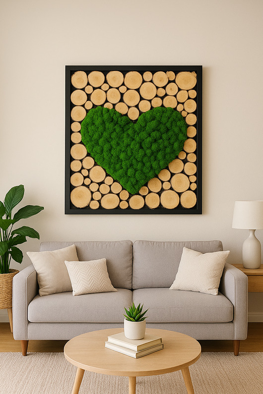 dodatki - różne Serce na plastrach drewna życia mech chrobotek dekoracja obraz